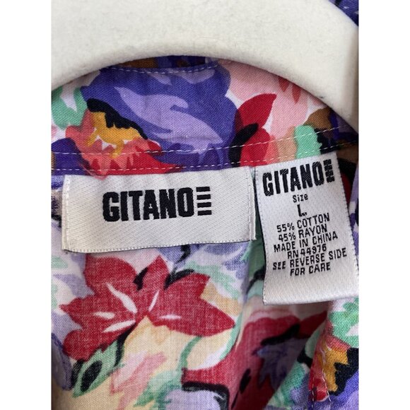 Vintage Gitano Womens Red Blouse L floral short sleeve button up collared cotton - Picture 3 of 6